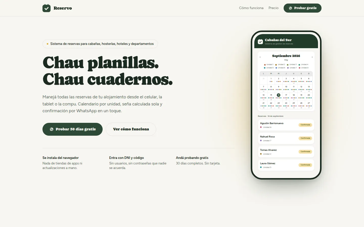 Página de inicio de Reservo con el calendario de reservas por unidad en un celular